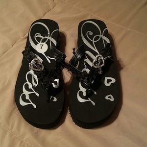 GUEST Black Wedge Sandals with Heart Rhinstone